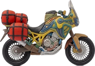A clay model of an adventure motorbike with three red panniers, a yellow and blue frame and fairing, and spoked wheels, facing right.